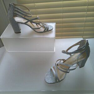Jessica Simpson Silver Glitter Strappy Block Heel Sandals 8.5 Ankle Strap Evenin